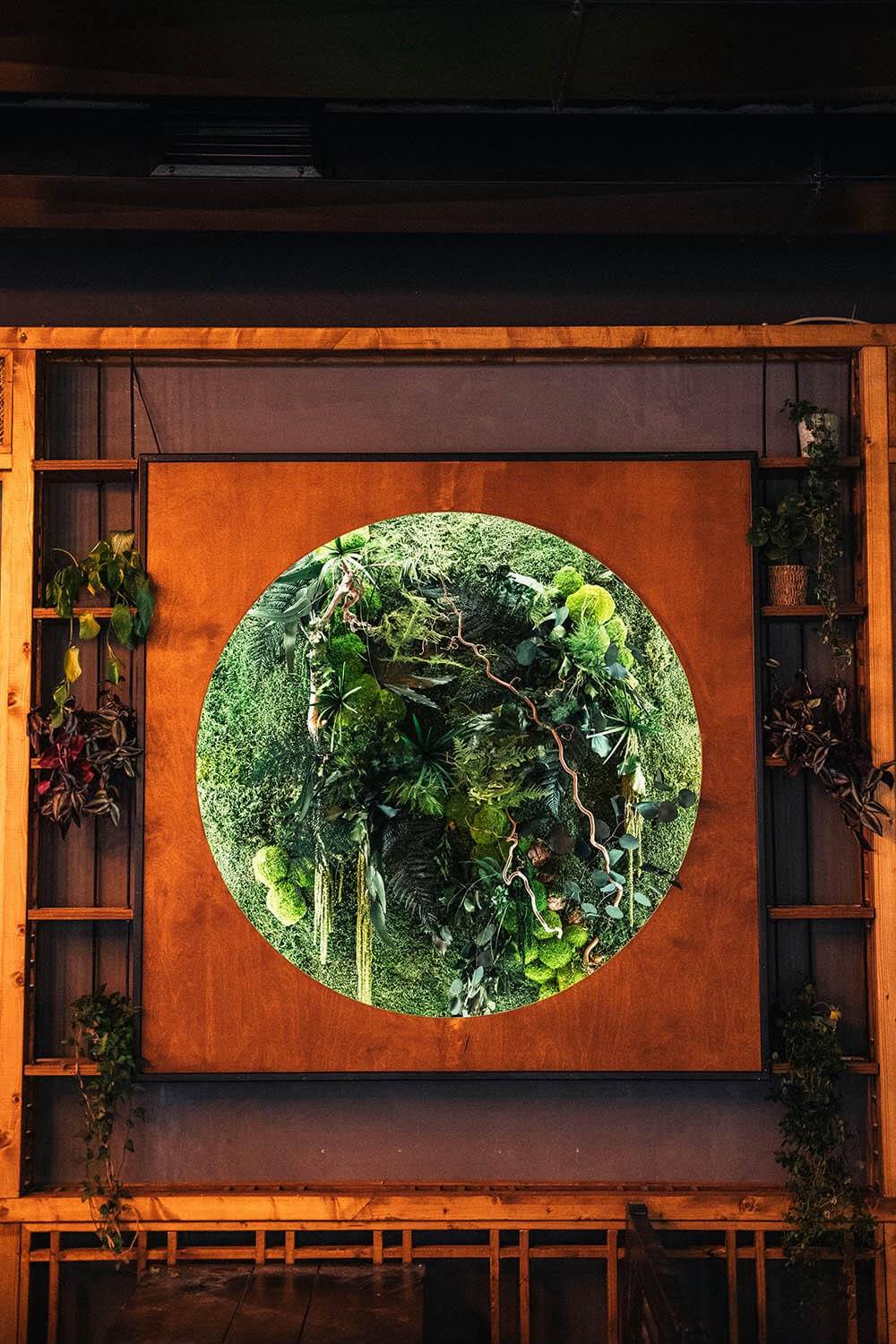 Rundes Mooswandbild an der Holzwand im House of Vegan